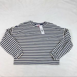 Parker striped boxy fit shirt top dropped shoulder crew neck elastic cuffs
